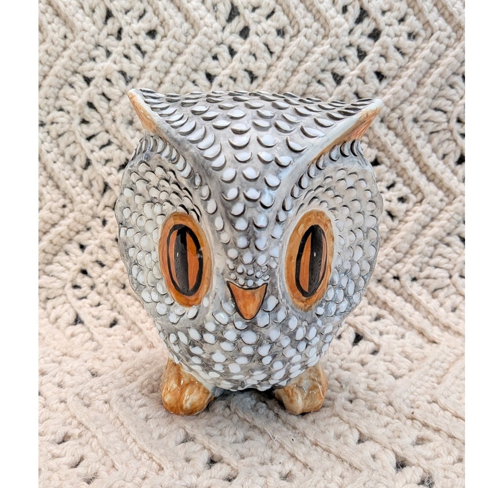 Vintage Ceramic Owl Figurine Textured Popcorn Glaze Hand Painted Grey 4.5"